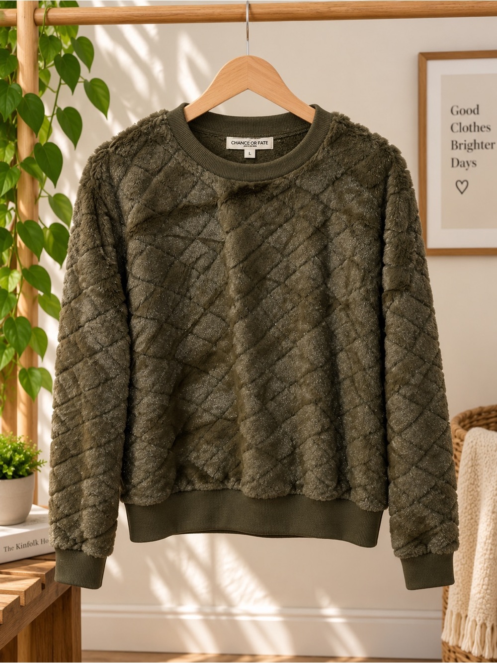 Chance or Fate Smokey Olive Faux Fur Textured Cropped Pullover Top Large NWT